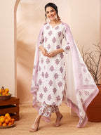 Janasya Off White Straight Cotton Kurta,Bottom & Dupatta | Grocsy
