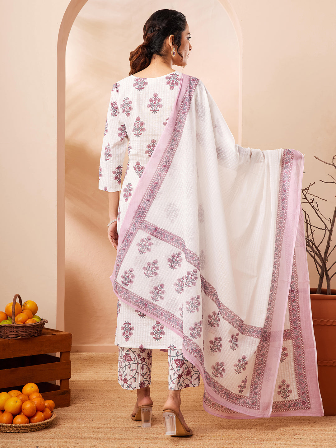 Janasya Off White Straight Cotton Kurta,Bottom & Dupatta | Grocsy
