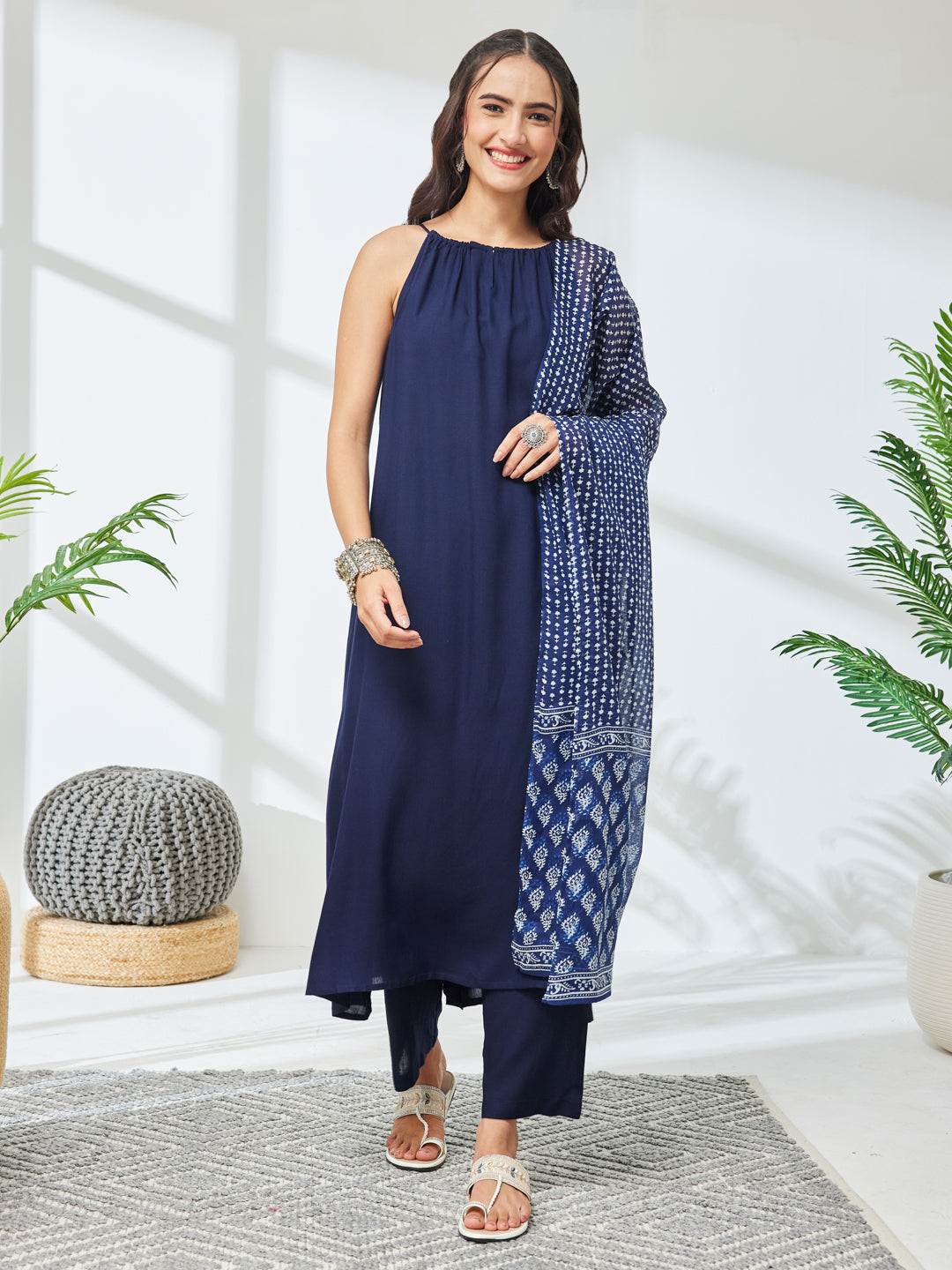 Janasya Navy Blue A-Line Rayon Kurta,Bottom & Dupatta | Grocsy