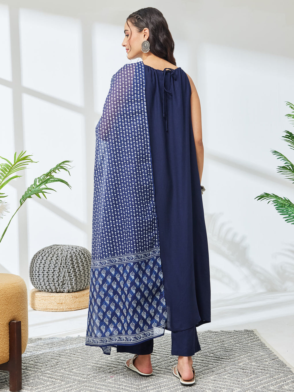 Janasya Navy Blue A-Line Rayon Kurta,Bottom & Dupatta | Grocsy