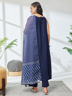Janasya Navy Blue A-Line Rayon Kurta,Bottom & Dupatta | Grocsy