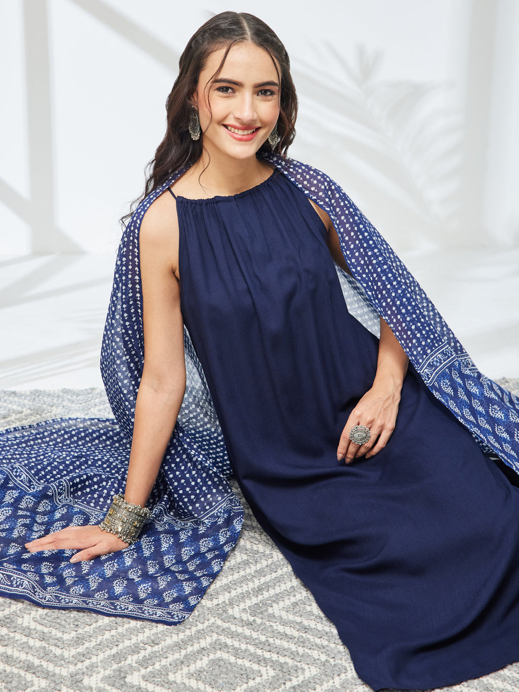 Janasya Navy Blue A-Line Rayon Kurta,Bottom & Dupatta | Grocsy