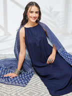 Janasya Navy Blue A-Line Rayon Kurta,Bottom & Dupatta | Grocsy