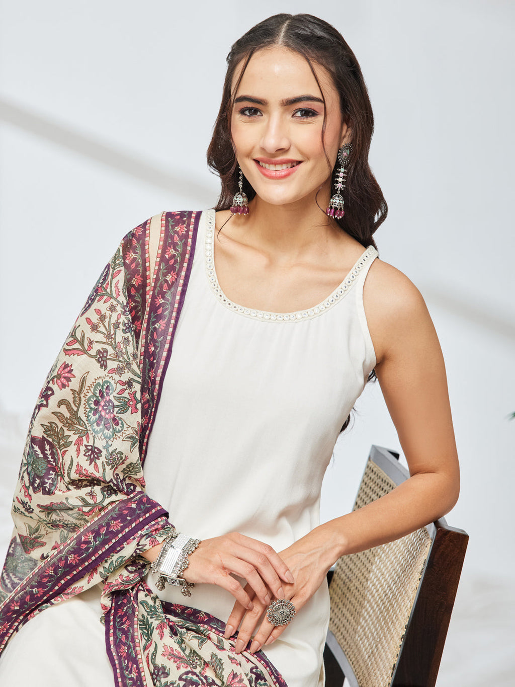 Janasya Off White Straight Rayon Kurta,Bottom & Dupatta | Grocsy