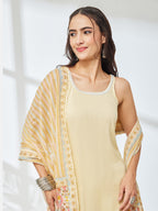 Janasya Cream Straight Rayon Kurta,Bottom & Dupatta | Grocsy