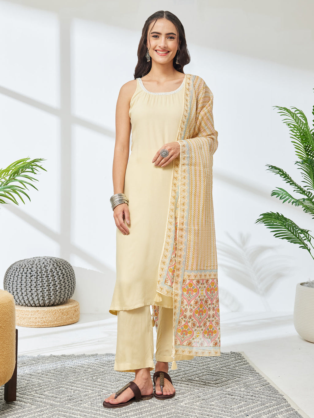 Janasya Cream Straight Rayon Kurta,Bottom & Dupatta | Grocsy