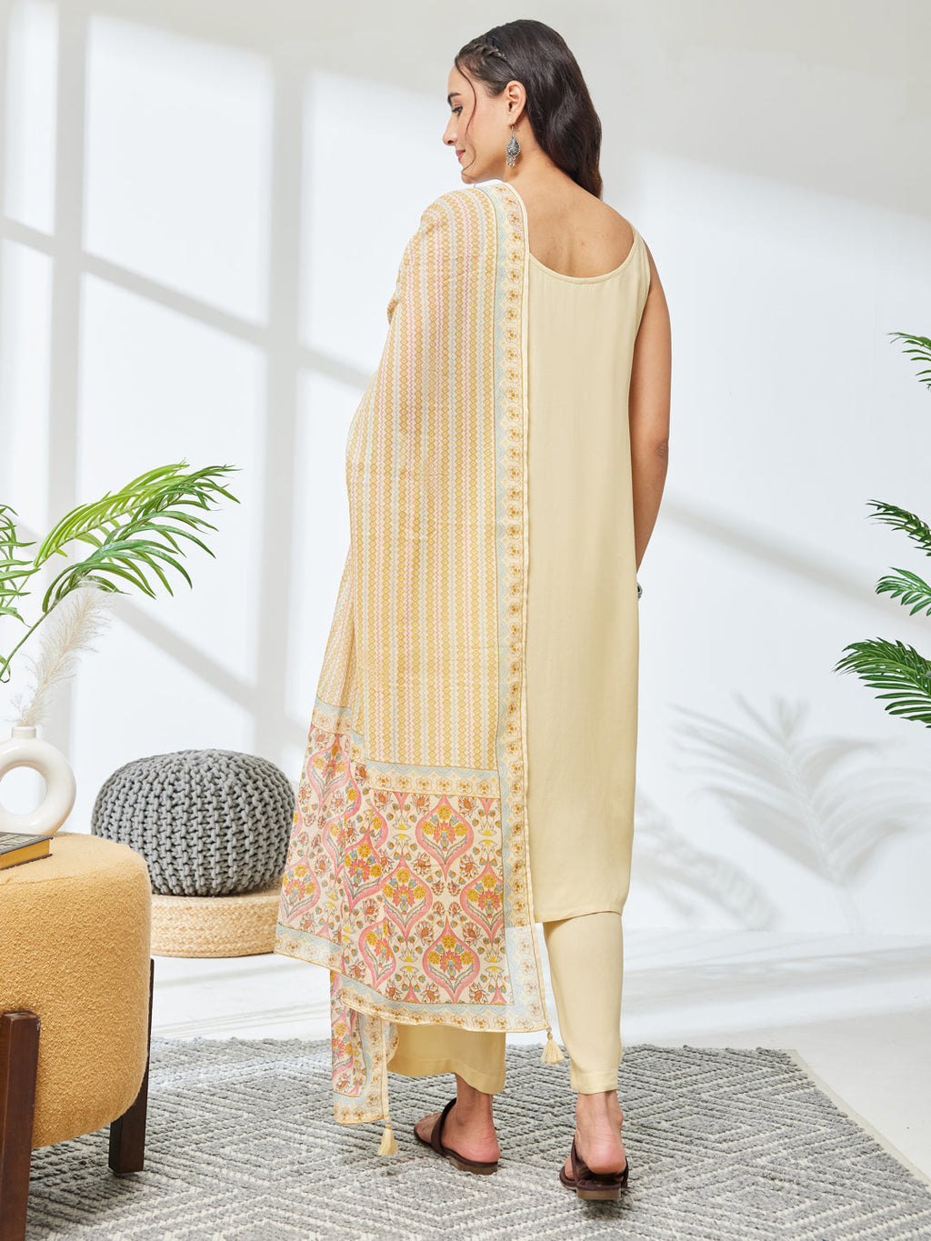 Janasya Cream Straight Rayon Kurta,Bottom & Dupatta | Grocsy