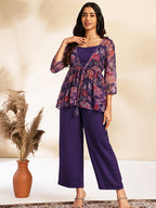 Janasya Purple Crop Crepe Top,Bottom & Jacket | Grocsy