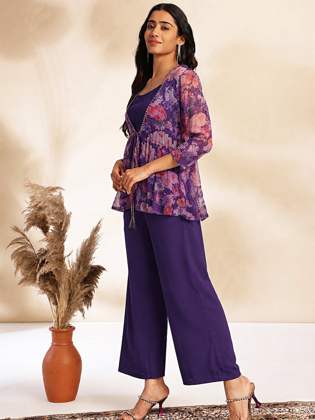 Janasya Purple Crop Crepe Top,Bottom & Jacket | Grocsy