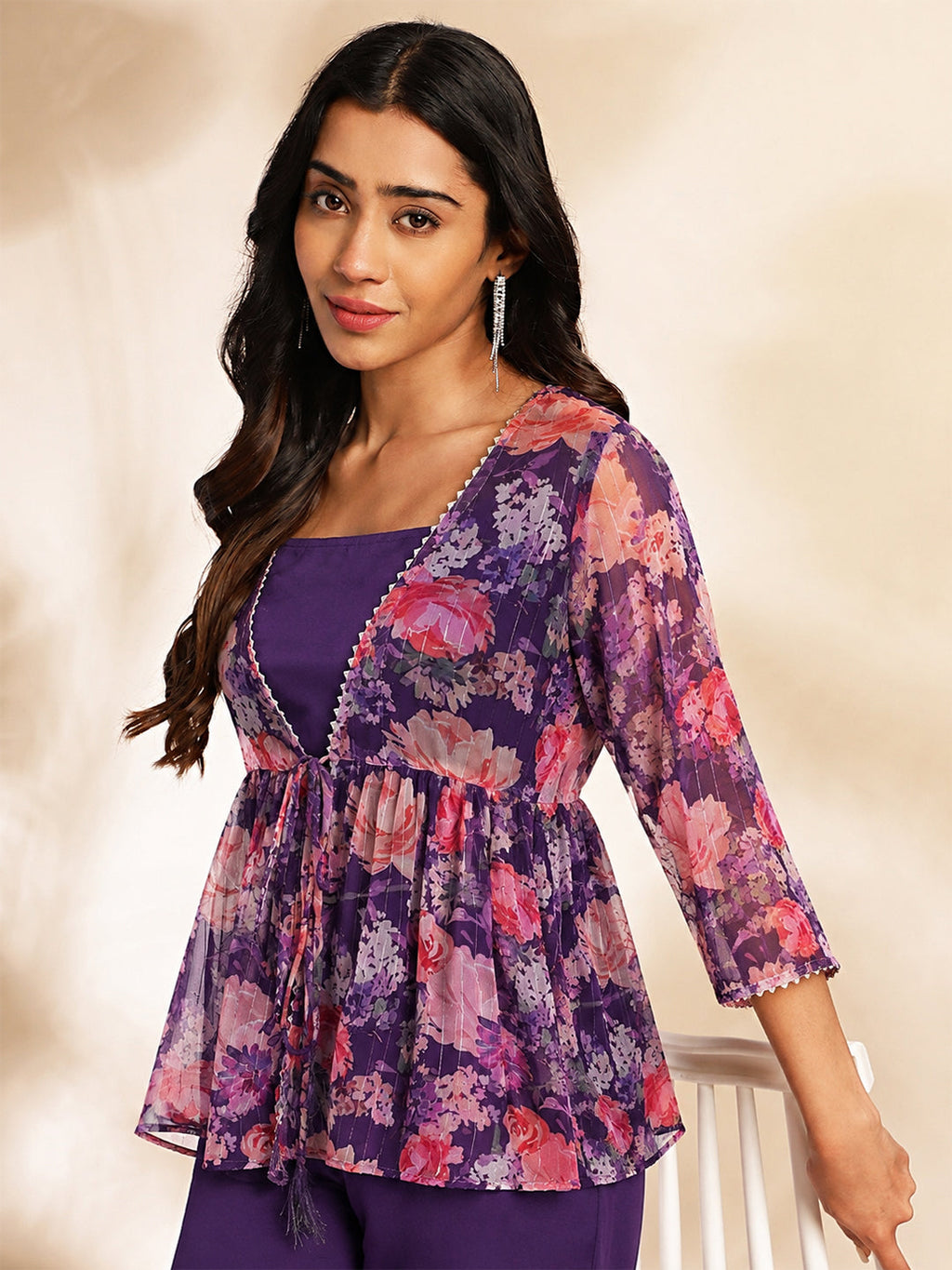 Janasya Purple Crop Crepe Top,Bottom & Jacket | Grocsy