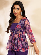Janasya Purple Crop Crepe Top,Bottom & Jacket | Grocsy