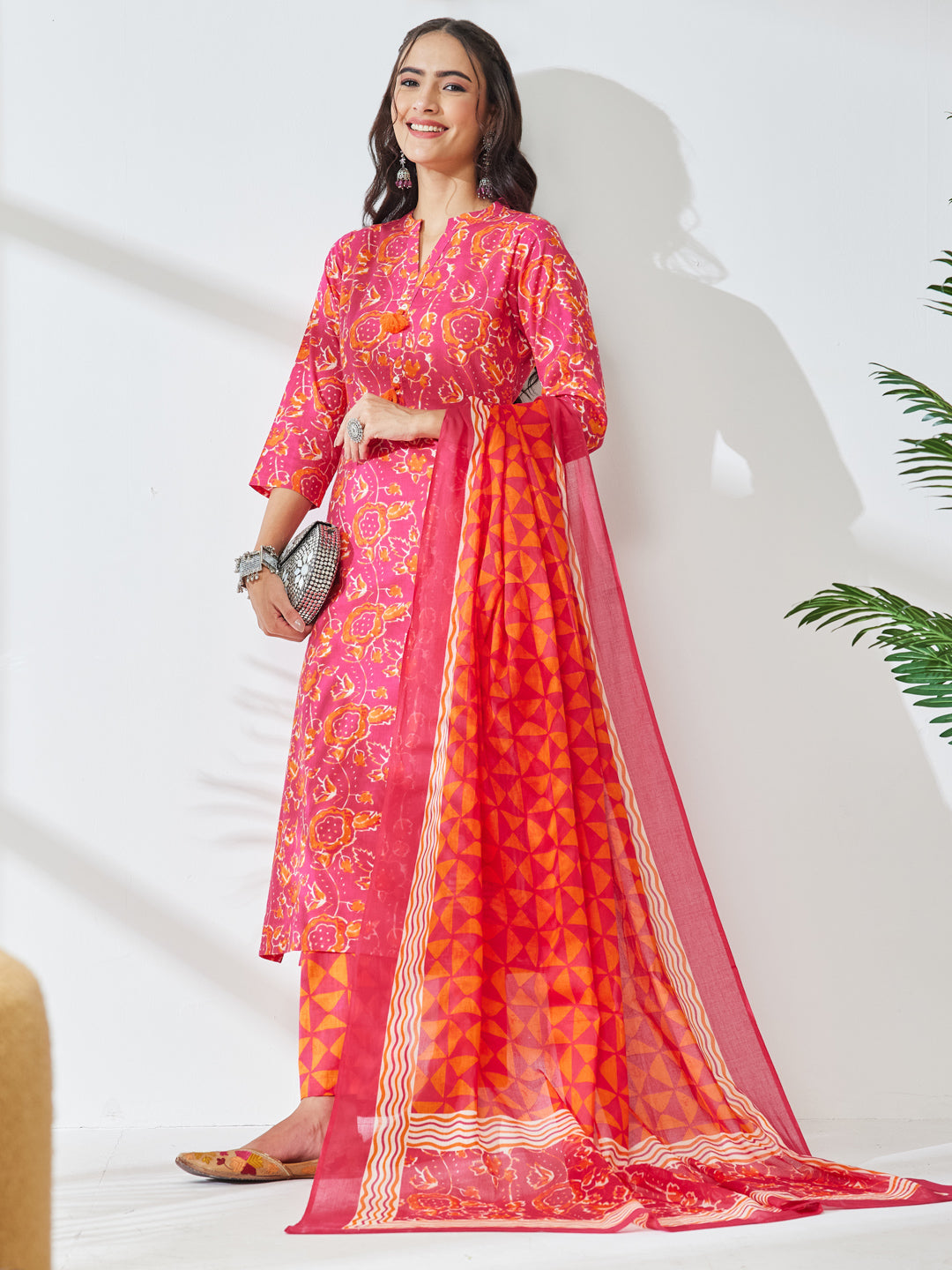 Janasya Pink Straight Cotton Kurta,Bottom & Dupatta | Grocsy