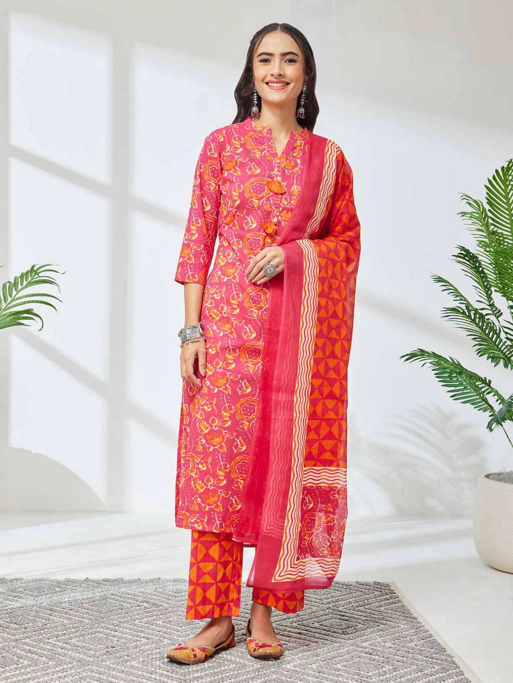 Janasya Pink Straight Cotton Kurta,Bottom & Dupatta | Grocsy