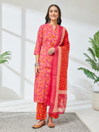 Janasya Pink Straight Cotton Kurta,Bottom & Dupatta | Grocsy