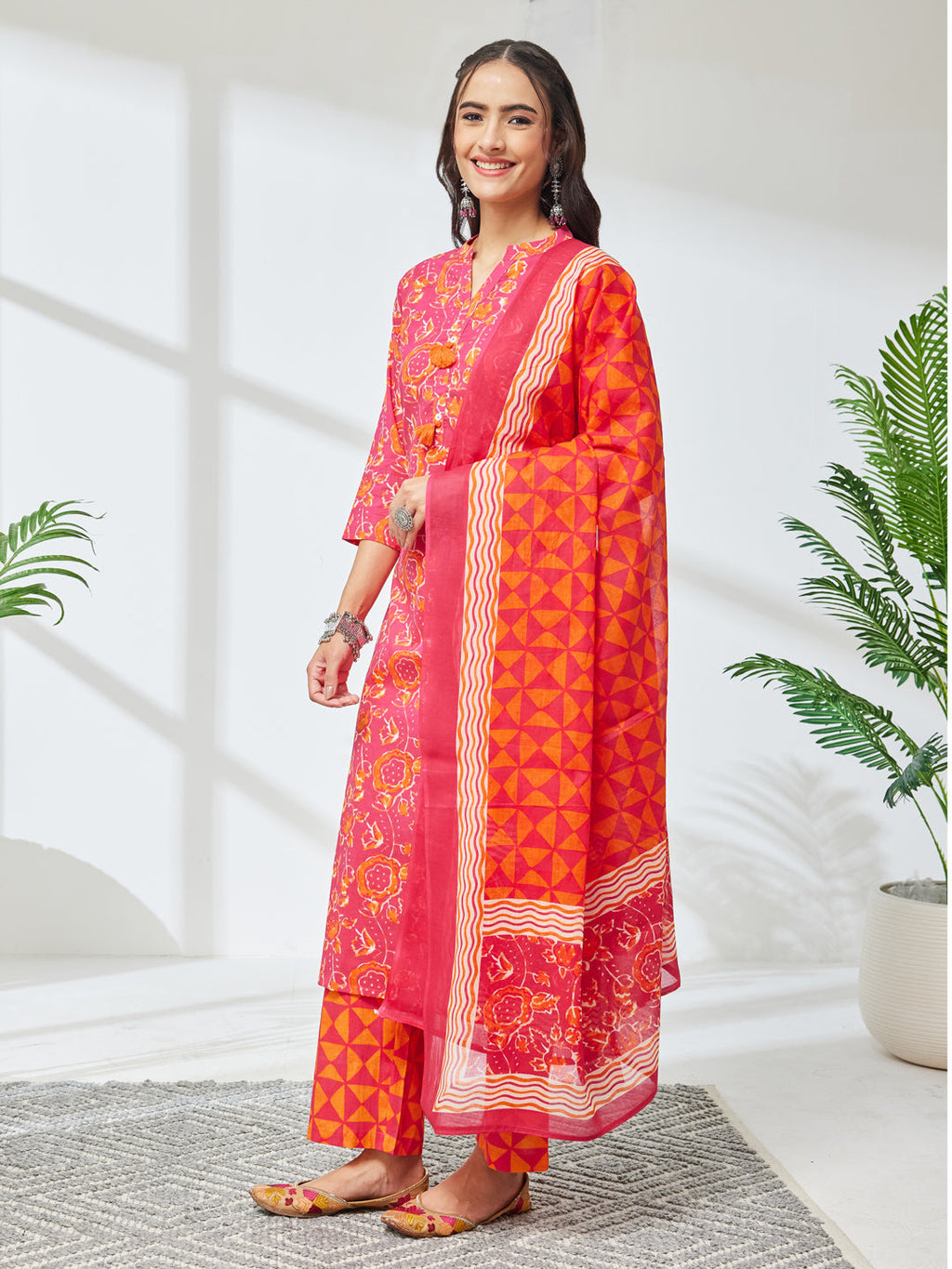 Janasya Pink Straight Cotton Kurta,Bottom & Dupatta | Grocsy