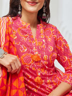 Janasya Pink Straight Cotton Kurta,Bottom & Dupatta | Grocsy