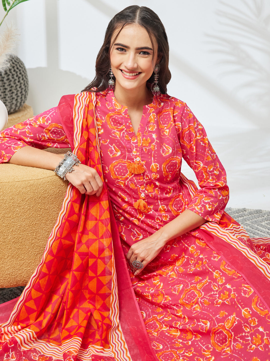 Janasya Pink Straight Cotton Kurta,Bottom & Dupatta | Grocsy