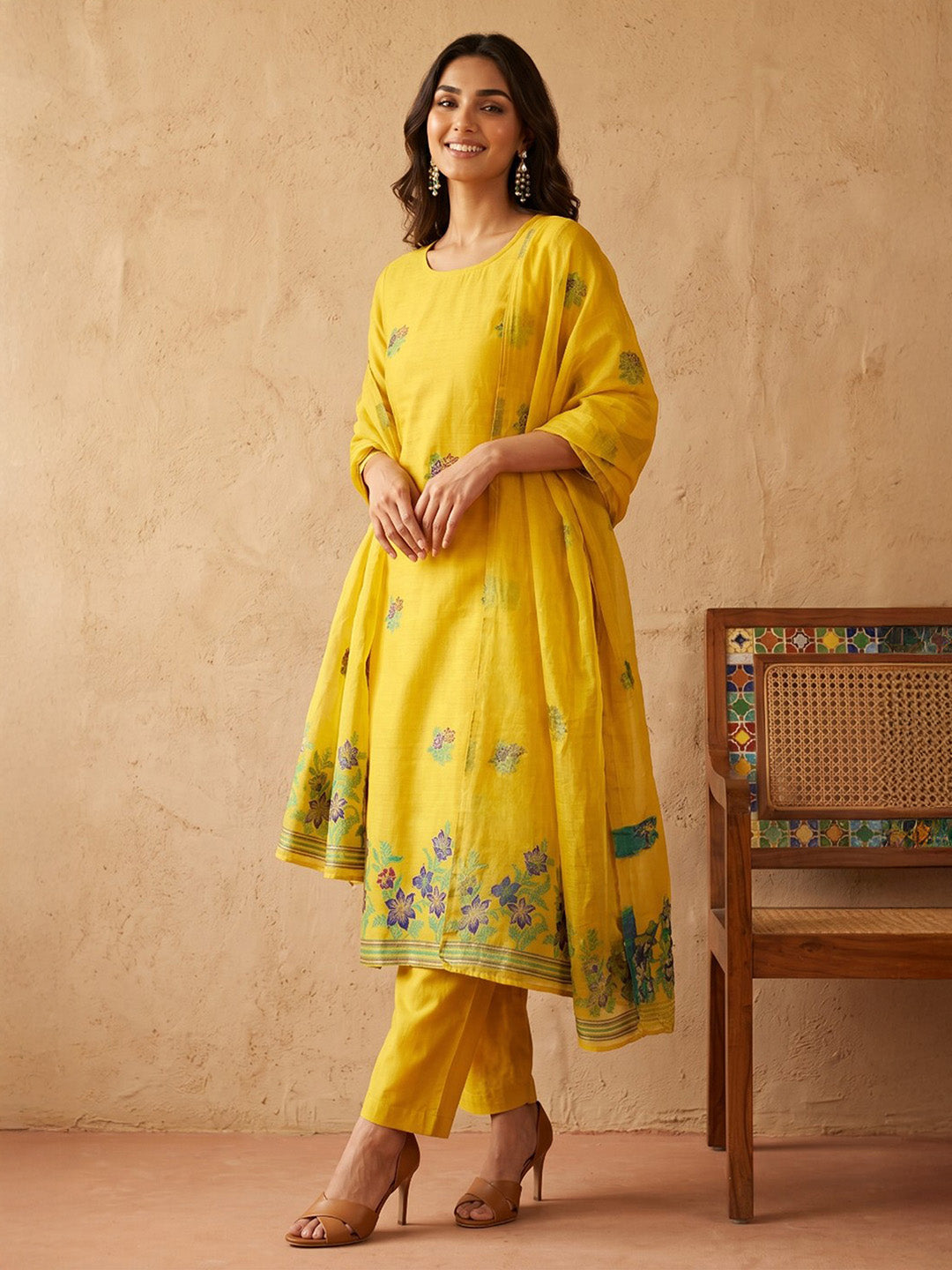 Janasya Yellow Straight Chanderi Cotton Kurta,Bottom & Dupatta | Grocsy