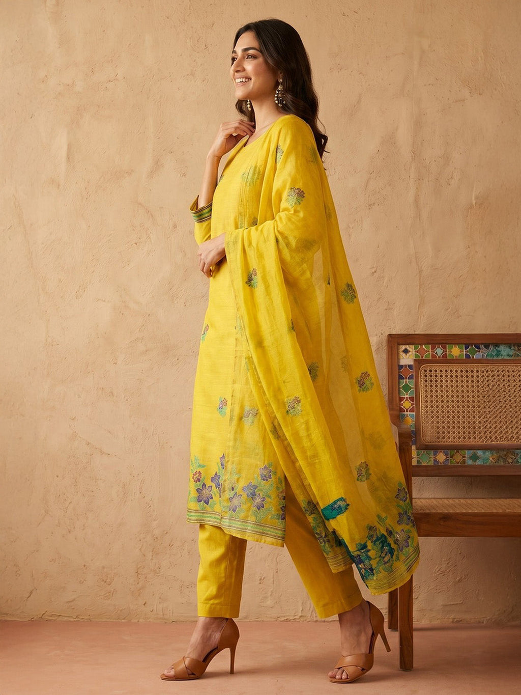 Janasya Yellow Straight Chanderi Cotton Kurta,Bottom & Dupatta | Grocsy