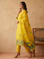 Janasya Yellow Straight Chanderi Cotton Kurta,Bottom & Dupatta | Grocsy