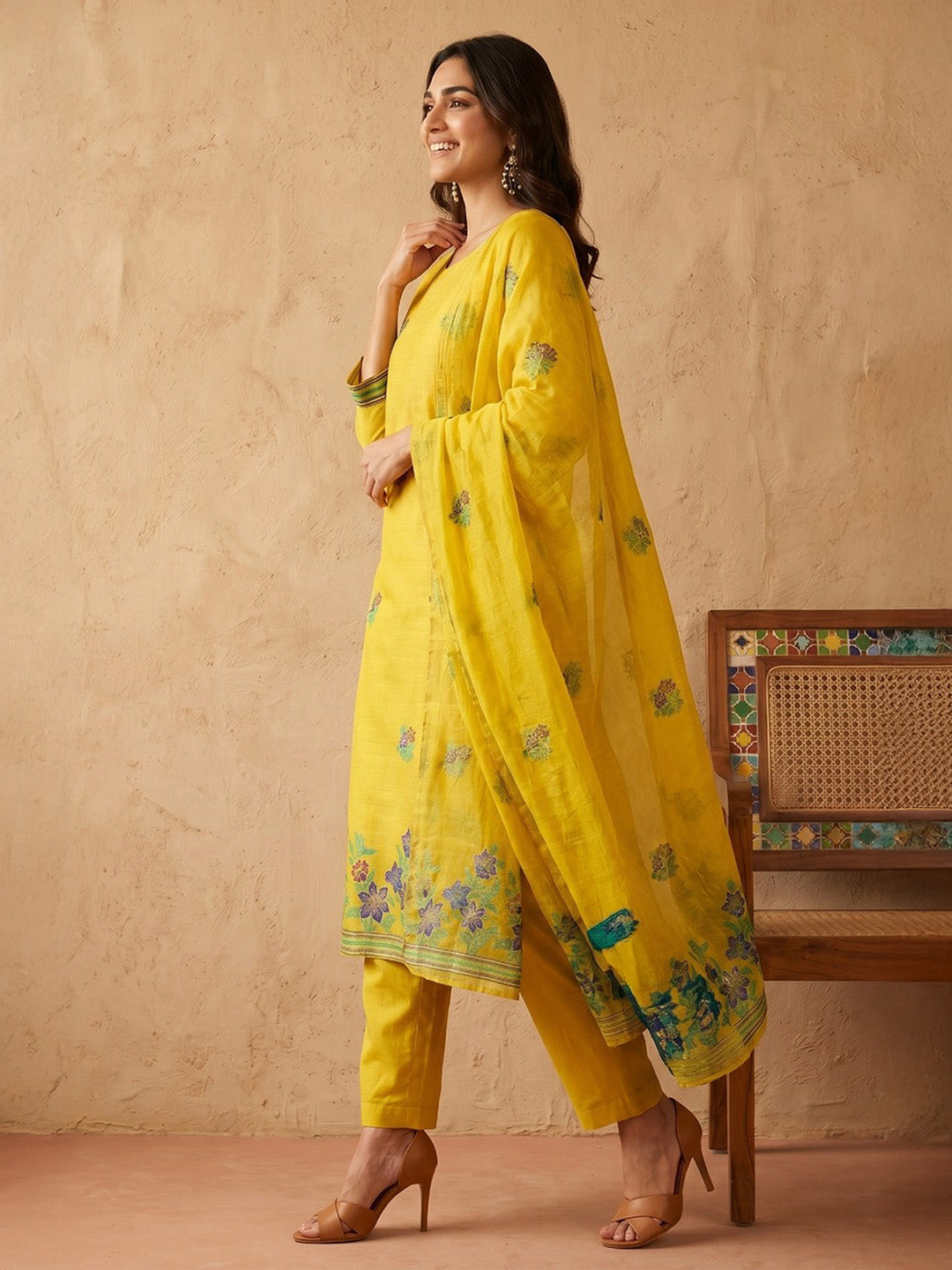 Janasya Yellow Straight Chanderi Cotton Kurta,Bottom & Dupatta | Grocsy