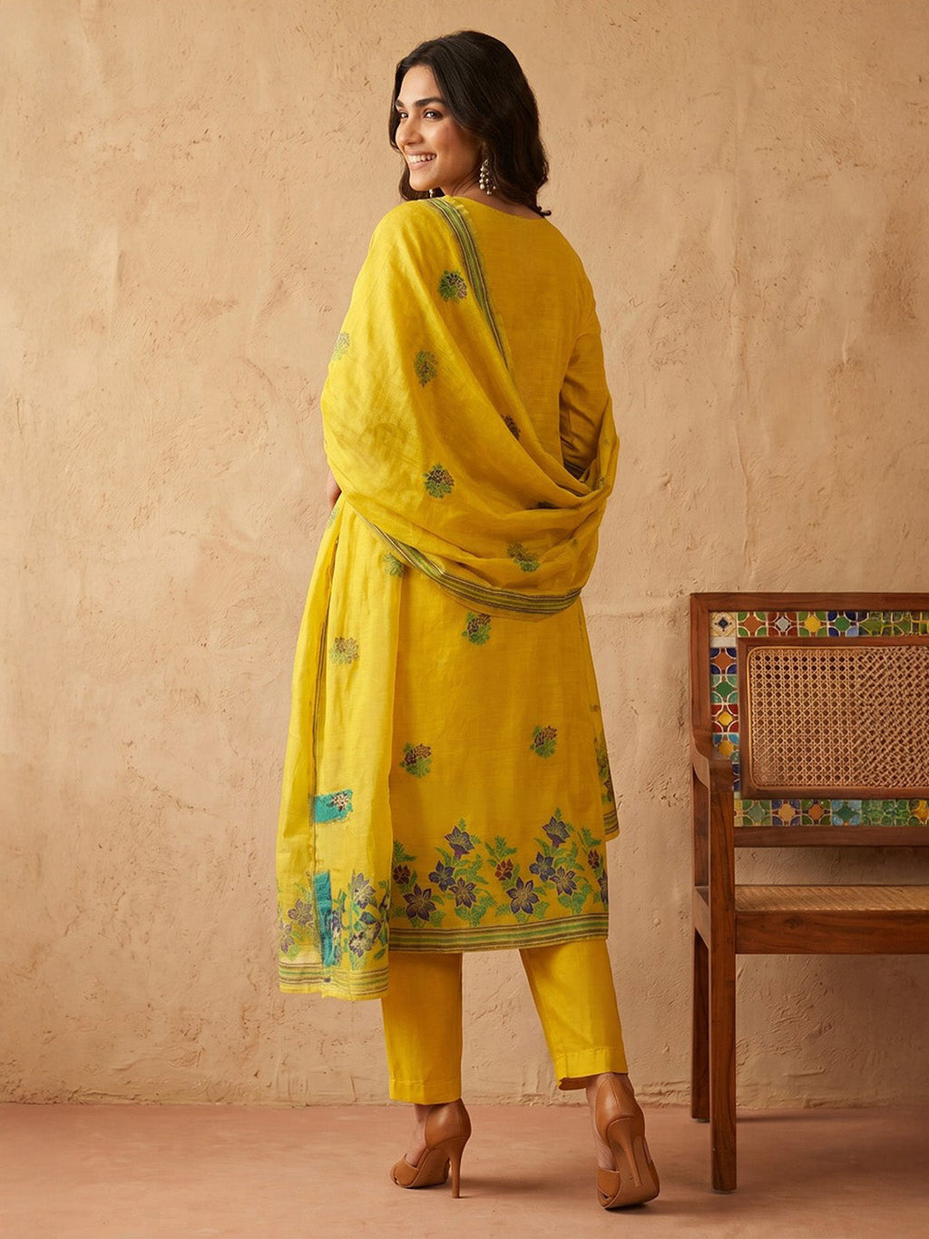 Janasya Yellow Straight Chanderi Cotton Kurta,Bottom & Dupatta | Grocsy