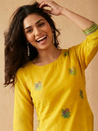 Janasya Yellow Straight Chanderi Cotton Kurta,Bottom & Dupatta | Grocsy