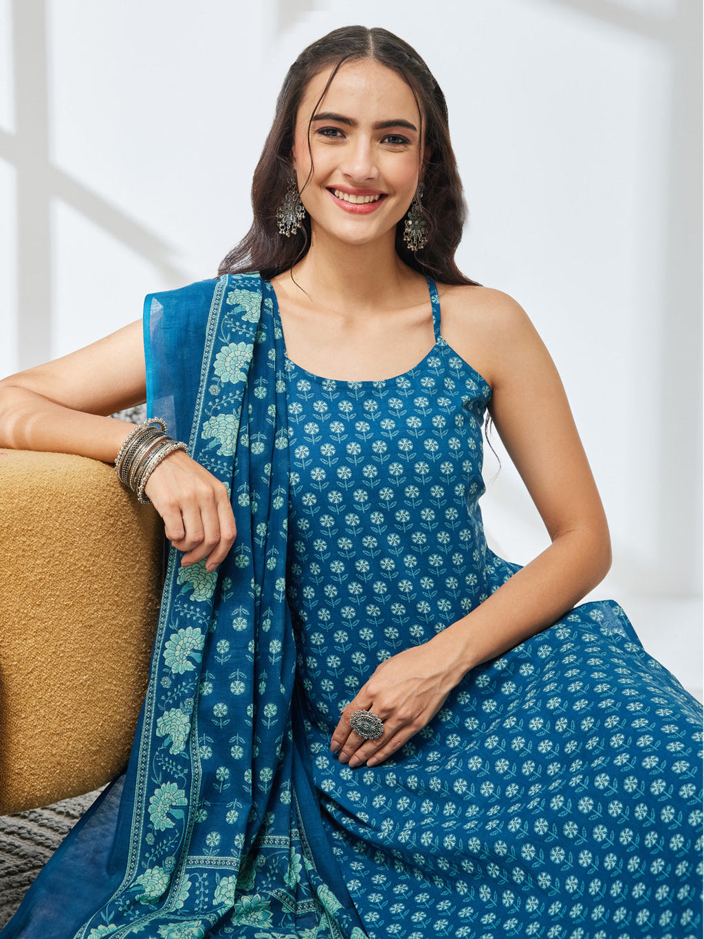 Janasya Teal Straight Cotton Kurta,Bottom & Dupatta | Grocsy