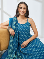 Janasya Teal Straight Cotton Kurta,Bottom & Dupatta | Grocsy