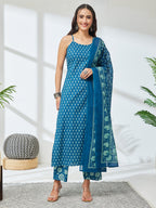 Janasya Teal Straight Cotton Kurta,Bottom & Dupatta | Grocsy