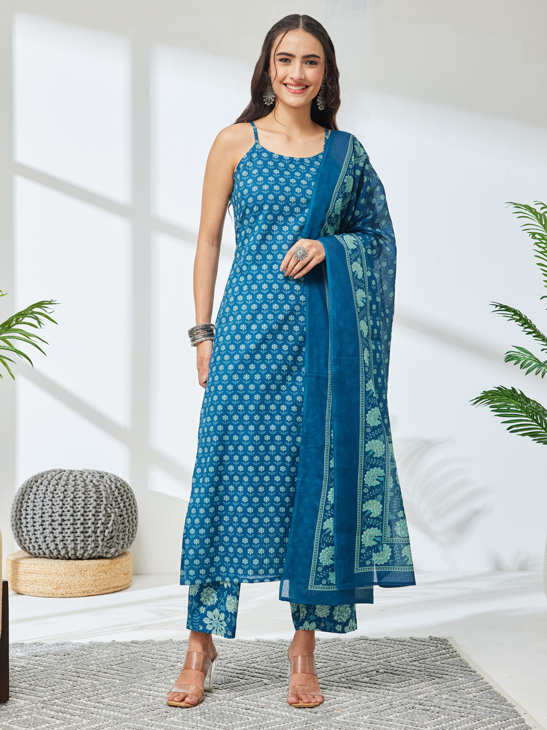 Janasya Teal Straight Cotton Kurta,Bottom & Dupatta | Grocsy