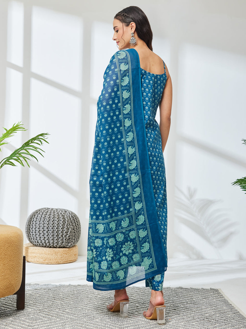 Janasya Teal Straight Cotton Kurta,Bottom & Dupatta | Grocsy