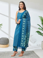 Janasya Teal Straight Cotton Kurta,Bottom & Dupatta | Grocsy