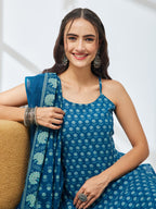 Janasya Teal Straight Cotton Kurta,Bottom & Dupatta | Grocsy