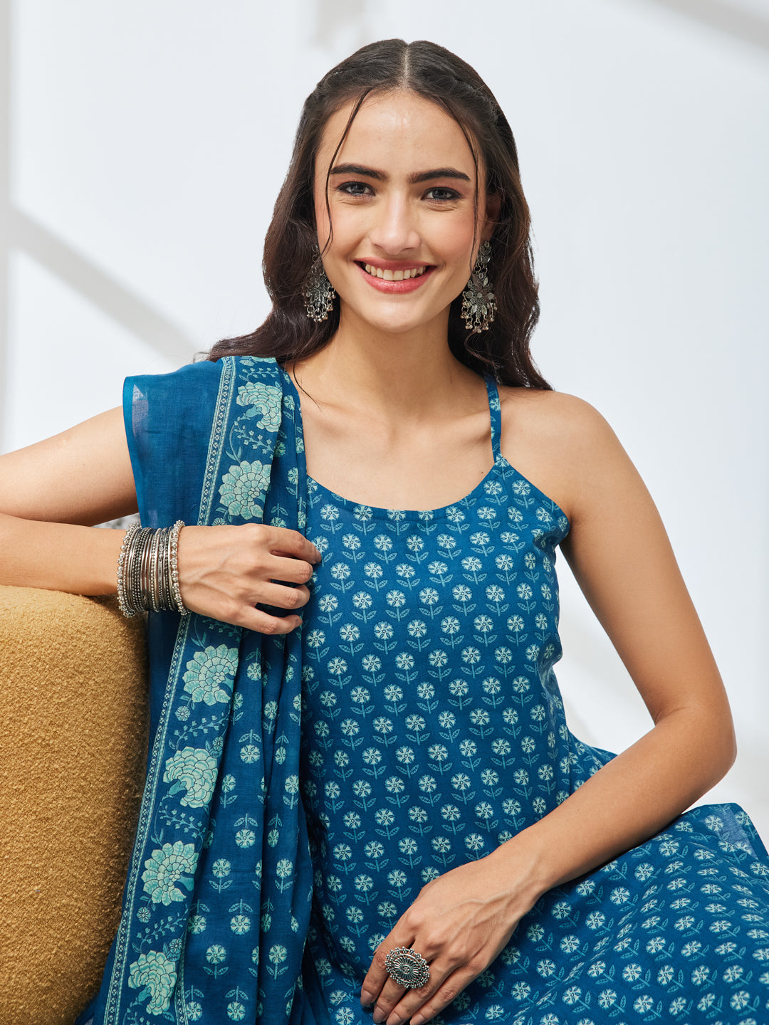 Janasya Teal Straight Cotton Kurta,Bottom & Dupatta | Grocsy