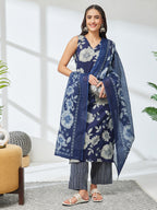Janasya Navy Blue Straight Cotton Kurta,Bottom & Dupatta | Grocsy