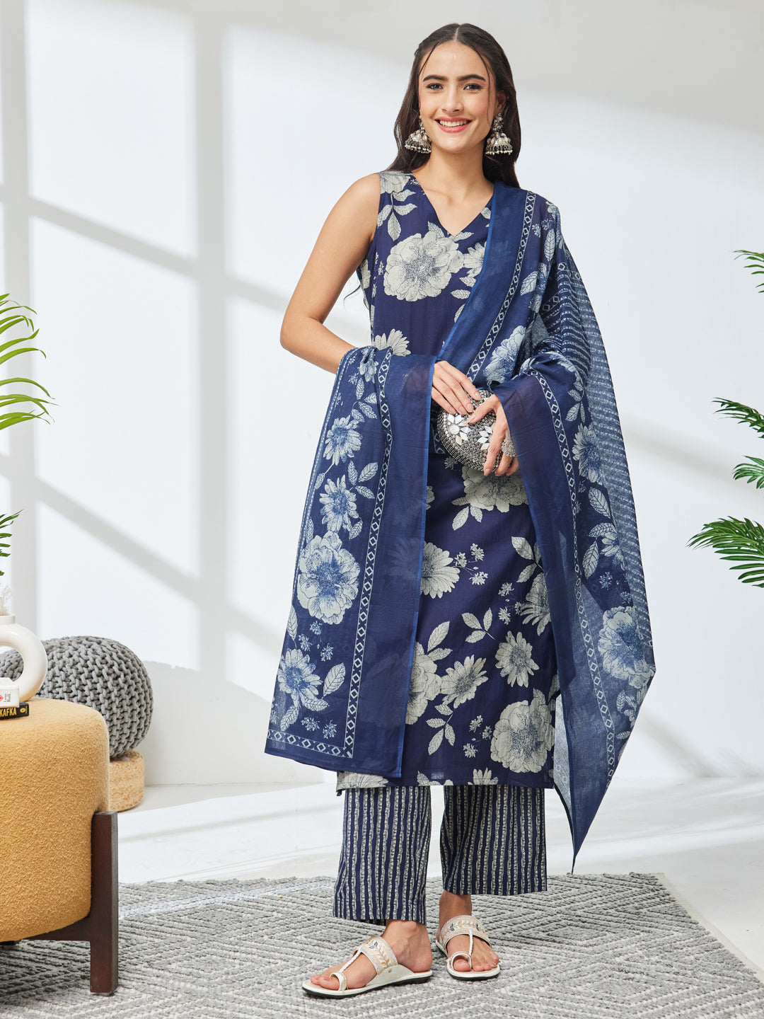 Janasya Navy Blue Straight Cotton Kurta,Bottom & Dupatta | Grocsy