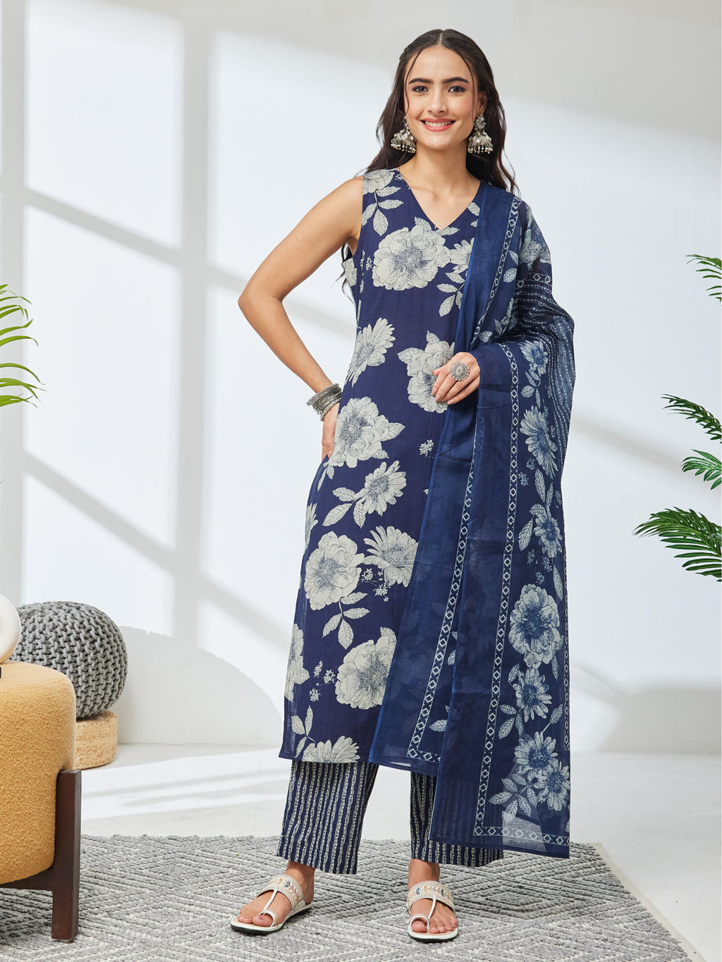 Janasya Navy Blue Straight Cotton Kurta,Bottom & Dupatta | Grocsy