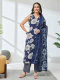 Janasya Navy Blue Straight Cotton Kurta,Bottom & Dupatta | Grocsy