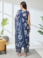 Janasya Navy Blue Straight Cotton Kurta,Bottom & Dupatta | Grocsy