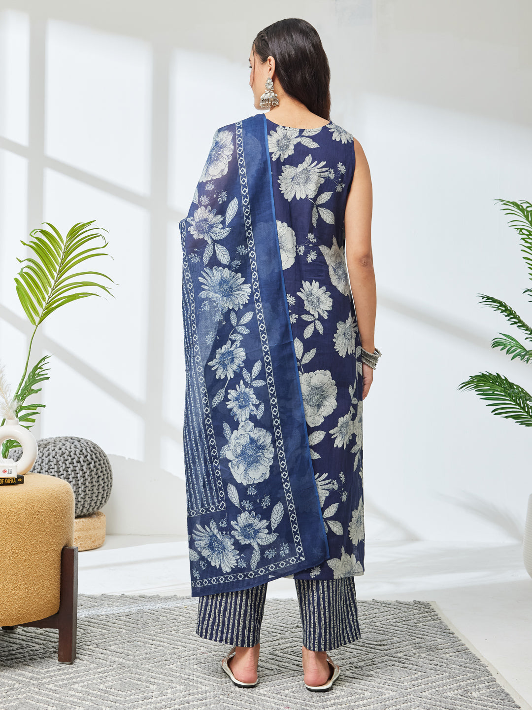 Janasya Navy Blue Straight Cotton Kurta,Bottom & Dupatta | Grocsy