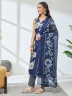 Janasya Navy Blue Straight Cotton Kurta,Bottom & Dupatta | Grocsy