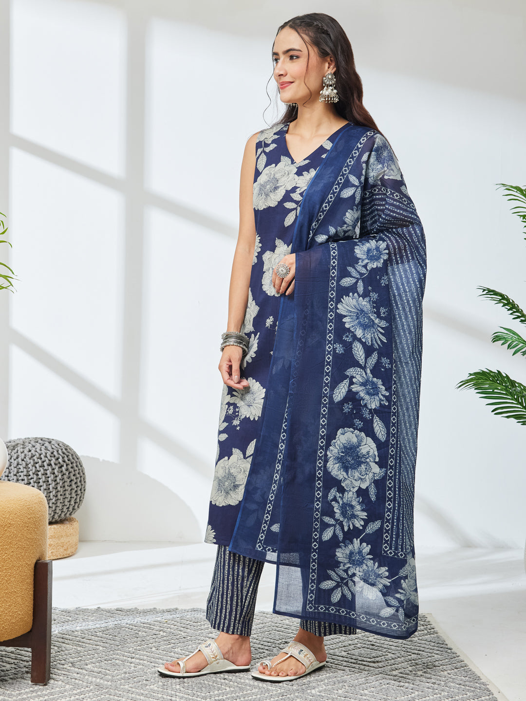 Janasya Navy Blue Straight Cotton Kurta,Bottom & Dupatta | Grocsy