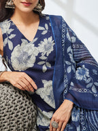 Janasya Navy Blue Straight Cotton Kurta,Bottom & Dupatta | Grocsy
