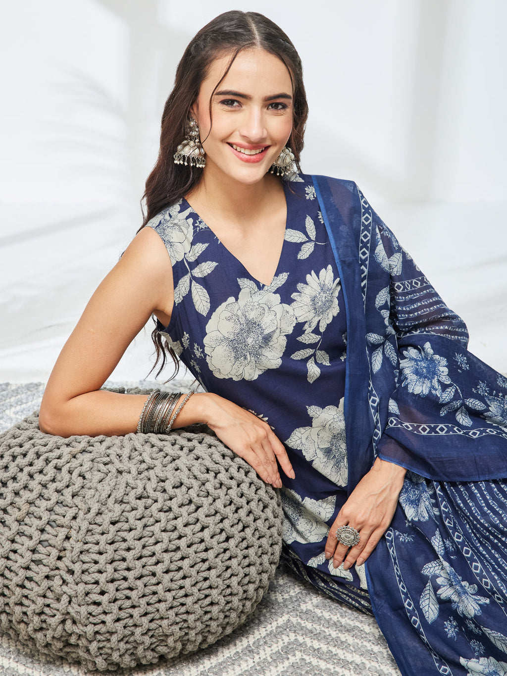 Janasya Navy Blue Straight Cotton Kurta,Bottom & Dupatta | Grocsy