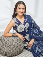 Janasya Navy Blue Straight Cotton Kurta,Bottom & Dupatta | Grocsy
