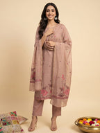 Janasya Dusky Pink Straight Chanderi Cotton Kurta,Bottom & Dupatta | Grocsy