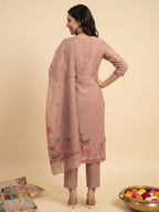 Janasya Dusky Pink Straight Chanderi Cotton Kurta,Bottom & Dupatta | Grocsy