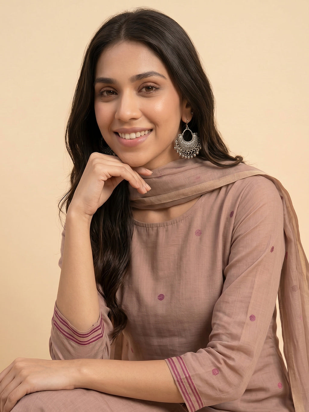 Janasya Dusky Pink Straight Chanderi Cotton Kurta,Bottom & Dupatta | Grocsy