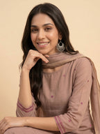 Janasya Dusky Pink Straight Chanderi Cotton Kurta,Bottom & Dupatta | Grocsy